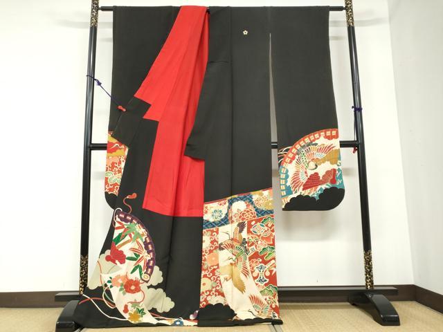 平和屋着物●アンティーク　大正ロマン　振袖　扇面宝尽くし飛鶴文　黒地　金彩　正絹　逸品　DABB0875ud