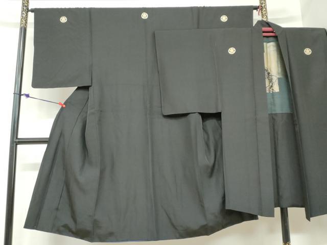 平和屋着物●男性 黒紋付 長羽織セット 羽裏：人物風景文 正絹 逸品 DABB0912ud