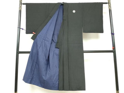平和屋着物●男性 黒紋付 長羽織セット 羽裏：人物風景文 正絹 逸品 DABB0912ud