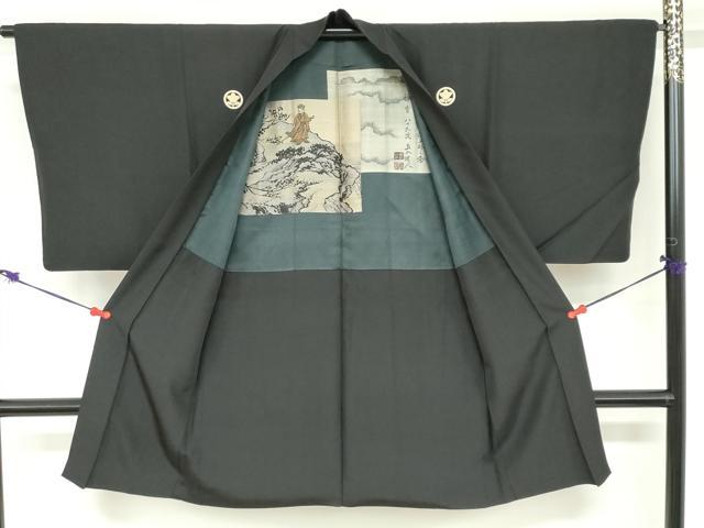 平和屋着物●男性 黒紋付 長羽織セット 羽裏：人物風景文 正絹 逸品 DABB0912ud