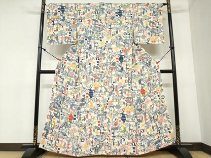 平和屋着物●上質な小紋　型染め　風景文字文　アルファベット　鬼しぼ縮緬　正絹　逸品　DABB0916ud