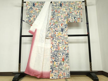 平和屋着物●上質な小紋　型染め　風景文字文　アルファベット　鬼しぼ縮緬　正絹　逸品　DABB0916ud