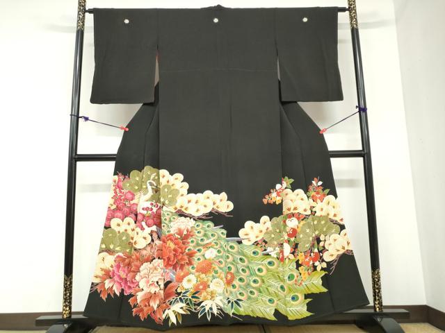平和屋着物●アンティーク 大正ロマン 黒留袖 孔雀草花文 金彩 正絹 逸品 DABB0921ud