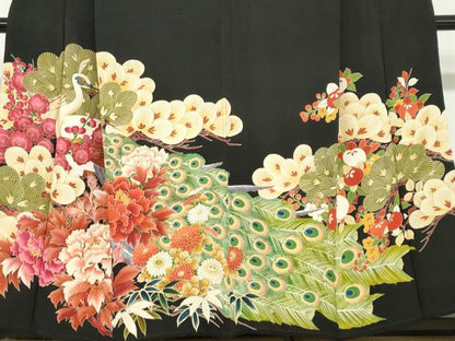 平和屋着物●アンティーク 大正ロマン 黒留袖 孔雀草花文 金彩 正絹 逸品 DABB0921ud
