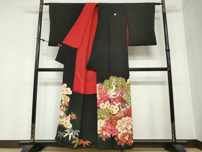 平和屋着物●アンティーク 大正ロマン 黒留袖 孔雀草花文 金彩 正絹 逸品 DABB0921ud