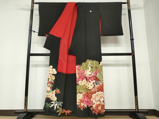 平和屋着物●アンティーク 大正ロマン 黒留袖 孔雀草花文 金彩 正絹 逸品 DABB0921ud