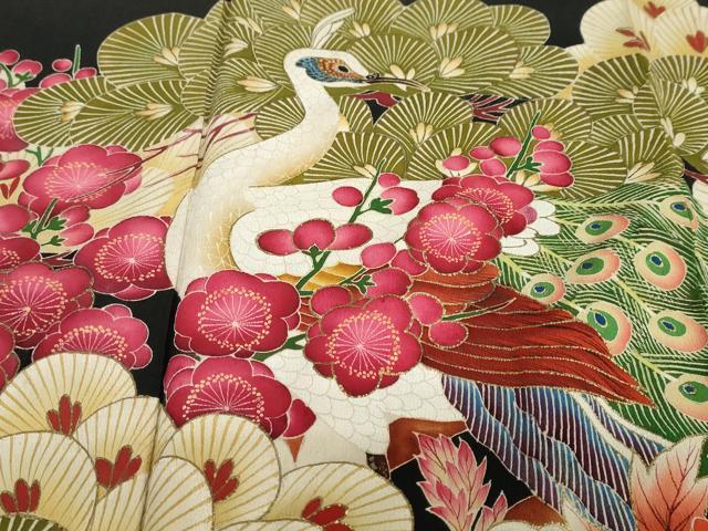 平和屋着物●アンティーク 大正ロマン 黒留袖 孔雀草花文 金彩 正絹 逸品 DABB0921ud
