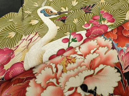 平和屋着物●アンティーク 大正ロマン 黒留袖 孔雀草花文 金彩 正絹 逸品 DABB0921ud