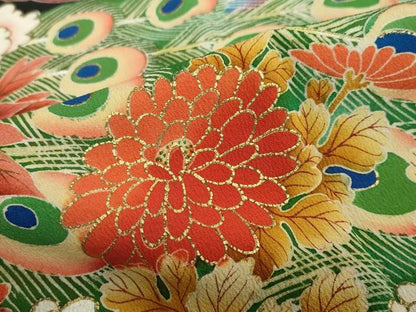 平和屋着物●アンティーク 大正ロマン 黒留袖 孔雀草花文 金彩 正絹 逸品 DABB0921ud