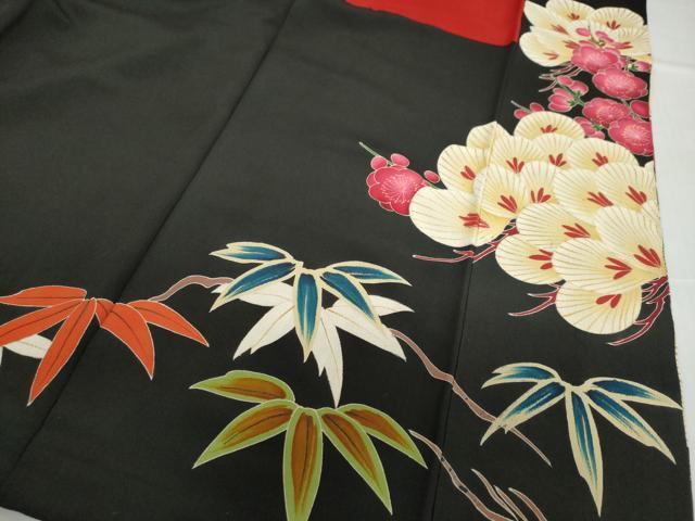 平和屋着物●アンティーク 大正ロマン 黒留袖 孔雀草花文 金彩 正絹 逸品 DABB0921ud