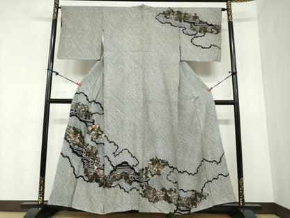 平和屋着物●訪問着 総絞り 駒刺繍 雲霞流水草花文 黒地 金彩 正絹 逸品 DABB0925ud