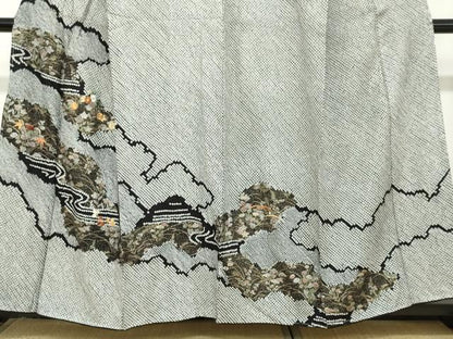 平和屋着物●訪問着 総絞り 駒刺繍 雲霞流水草花文 黒地 金彩 正絹 逸品 DABB0925ud