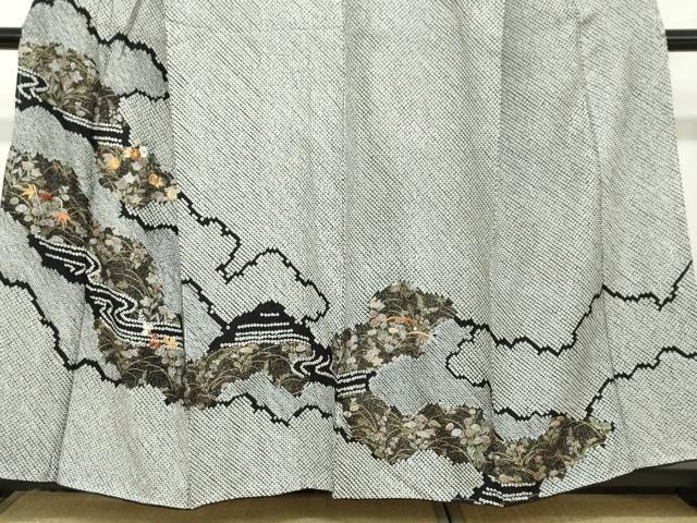 平和屋着物●訪問着 総絞り 駒刺繍 雲霞流水草花文 黒地 金彩 正絹 逸品 DABB0925ud