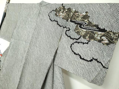 平和屋着物●訪問着 総絞り 駒刺繍 雲霞流水草花文 黒地 金彩 正絹 逸品 DABB0925ud