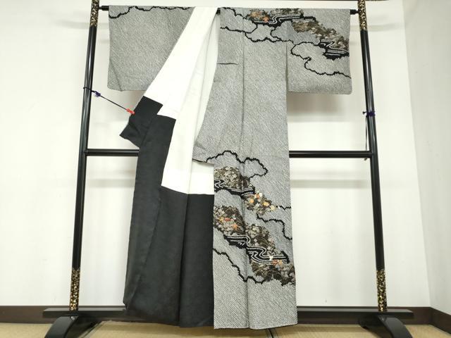 平和屋着物●訪問着 総絞り 駒刺繍 雲霞流水草花文 黒地 金彩 正絹 逸品 DABB0925ud