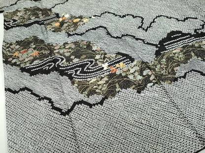 平和屋着物●訪問着 総絞り 駒刺繍 雲霞流水草花文 黒地 金彩 正絹 逸品 DABB0925ud