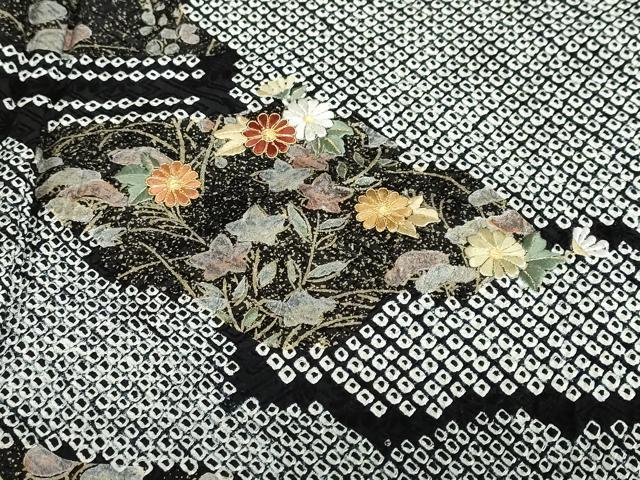 平和屋着物●訪問着 総絞り 駒刺繍 雲霞流水草花文 黒地 金彩 正絹 逸品 DABB0925ud