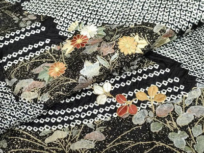 平和屋着物●訪問着 総絞り 駒刺繍 雲霞流水草花文 黒地 金彩 正絹 逸品 DABB0925ud