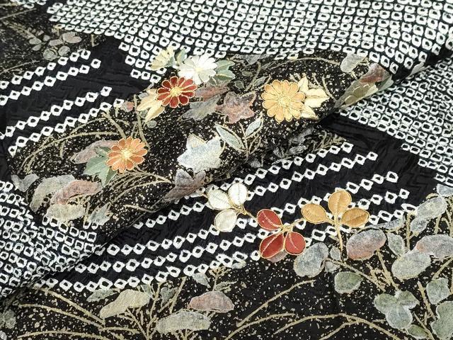 平和屋着物●訪問着 総絞り 駒刺繍 雲霞流水草花文 黒地 金彩 正絹 逸品 DABB0925ud