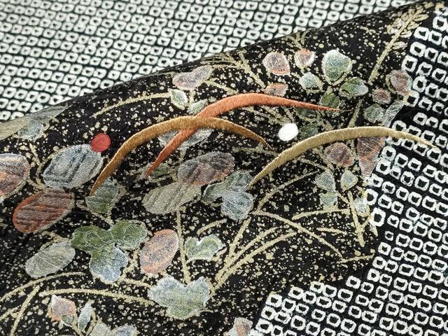 平和屋着物●訪問着 総絞り 駒刺繍 雲霞流水草花文 黒地 金彩 正絹 逸品 DABB0925ud