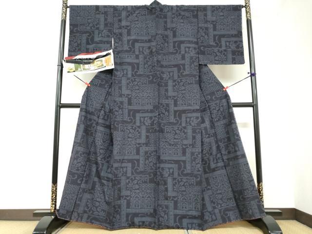 平和屋着物●本場結城玉紬　80亀甲　結識苑　変わり格子草花文　証紙付き　正絹　逸品　未使用　DABB0930ud