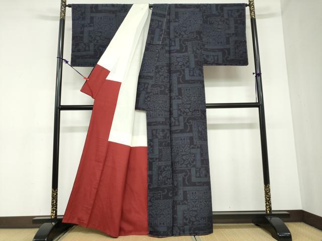 平和屋着物●本場結城玉紬　80亀甲　結識苑　変わり格子草花文　証紙付き　正絹　逸品　未使用　DABB0930ud