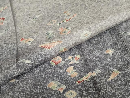 平和屋着物●訪問着　江戸小紋　紬地　宝尽くし文　扇面文　正絹　逸品　DABB0940ud