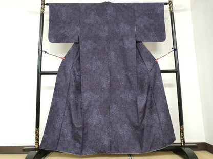 平和屋着物●上質な小紋　本藍　型絵染め　紬地　切嵌草花文　正絹　逸品　DABB0944ud