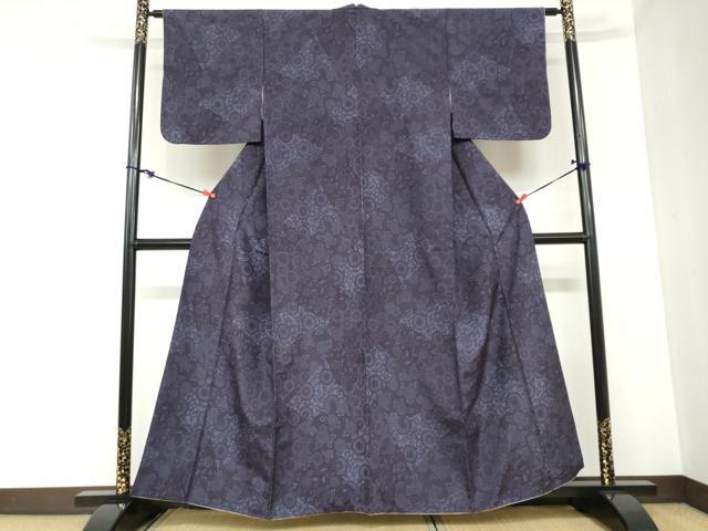 平和屋着物●上質な小紋　本藍　型絵染め　紬地　切嵌草花文　正絹　逸品　DABB0944ud