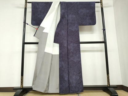 平和屋着物●上質な小紋　本藍　型絵染め　紬地　切嵌草花文　正絹　逸品　DABB0944ud