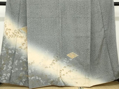 平和屋着物●中国三大刺繍　スワトウ刺繍　汕頭刺繍　訪問着　菱草花文　たたき染め　黒地　金彩　正絹　逸品　DABB0947ud