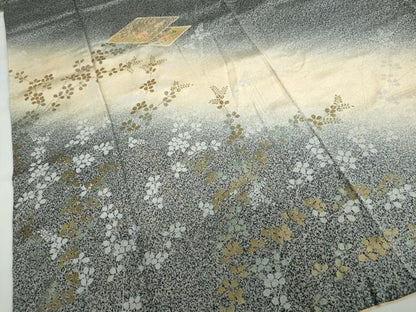 平和屋着物●中国三大刺繍　スワトウ刺繍　汕頭刺繍　訪問着　菱草花文　たたき染め　黒地　金彩　正絹　逸品　DABB0947ud