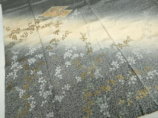 平和屋着物●中国三大刺繍　スワトウ刺繍　汕頭刺繍　訪問着　菱草花文　たたき染め　黒地　金彩　正絹　逸品　DABB0947ud