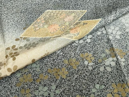平和屋着物●中国三大刺繍　スワトウ刺繍　汕頭刺繍　訪問着　菱草花文　たたき染め　黒地　金彩　正絹　逸品　DABB0947ud