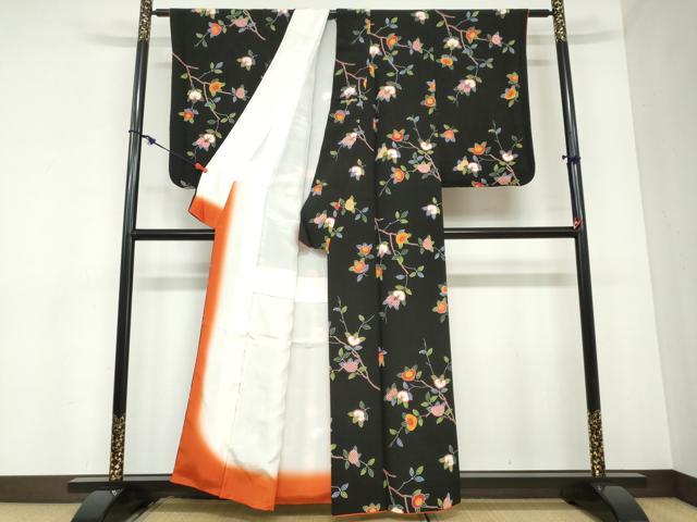 平和屋着物●上質な小紋 型染め 橘 黒地 鬼しぼ縮緬 正絹 逸品 DABB0956ud