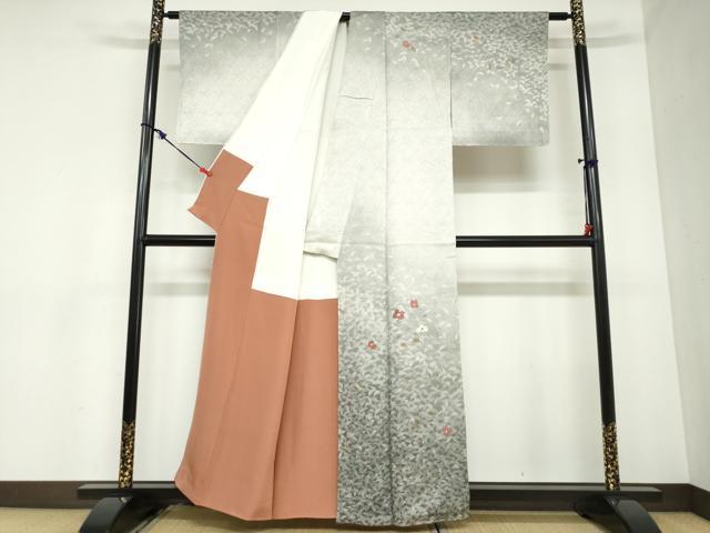 平和屋着物●訪問着　総絞り　刺繍　舞椿文　銀彩　正絹　逸品　DABB0957ud