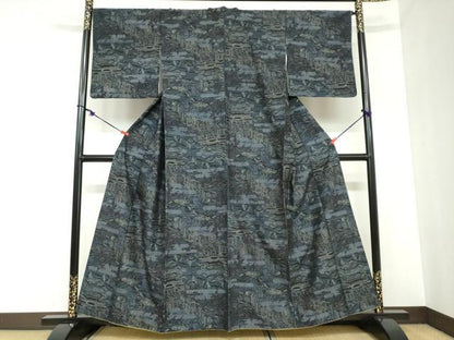 平和屋着物●小千谷紬 モロ入り 100亀甲 御所車風景文 健勝苑扱い 正絹 逸品 DABB0961ud