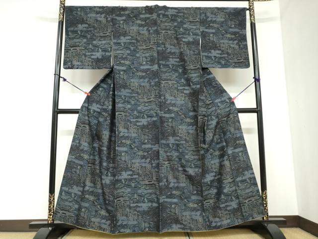 平和屋着物●小千谷紬 モロ入り 100亀甲 御所車風景文 健勝苑扱い 正絹 逸品 DABB0961ud