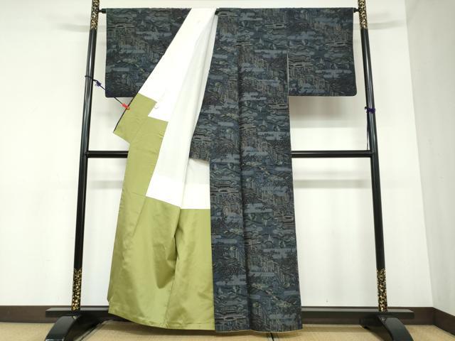 平和屋着物●小千谷紬 モロ入り 100亀甲 御所車風景文 健勝苑扱い 正絹 逸品 DABB0961ud