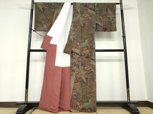 平和屋着物●上質な小紋　切嵌更紗鳳凰草花文　鬼しぼ縮緬　正絹　逸品　DABB0989ud