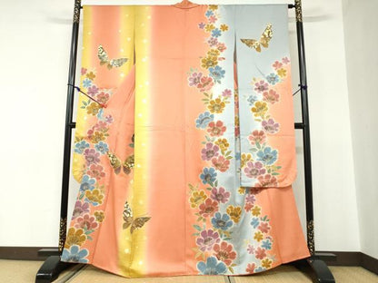 平和屋着物●豪華振袖　駒刺繍　花蝶文　金彩　正絹　逸品　DABB0996ud