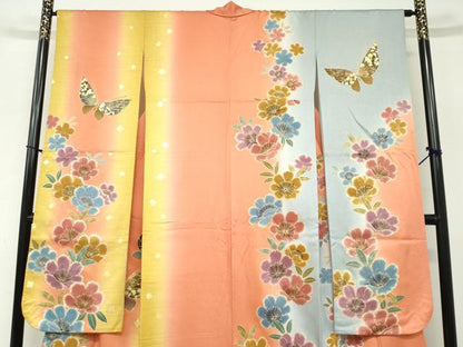 平和屋着物●豪華振袖　駒刺繍　花蝶文　金彩　正絹　逸品　DABB0996ud