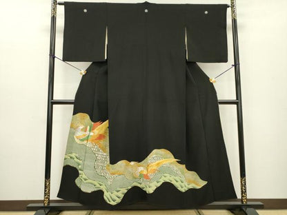 平和屋着物▼豪華黒留袖　刺繍　群鳥　金銀糸　正絹　逸品　DABB1097fe