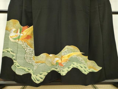 平和屋着物▼豪華黒留袖　刺繍　群鳥　金銀糸　正絹　逸品　DABB1097fe