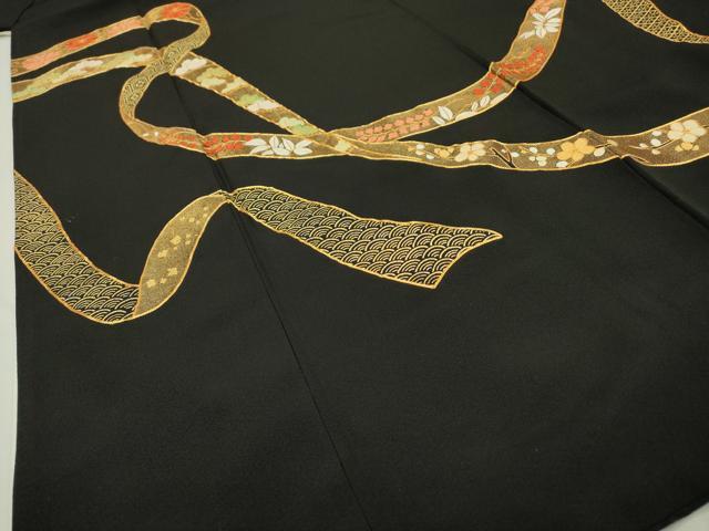 平和屋着物▼豪華黒留袖 駒刺繍 鬘帯吉祥花文 金彩 正絹 逸品 DABB1195fe