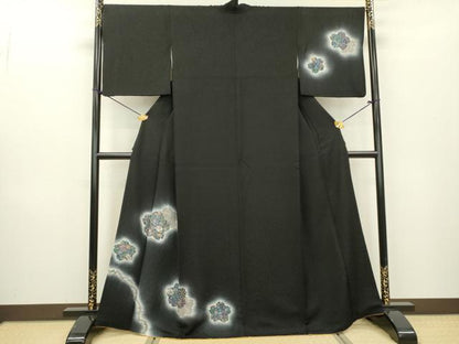 平和屋着物●訪問着 絞り 辻が花 舞桜 蛍暈し 黒地 正絹 逸品 DABB1293fe