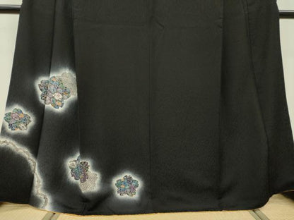 平和屋着物●訪問着 絞り 辻が花 舞桜 蛍暈し 黒地 正絹 逸品 DABB1293fe