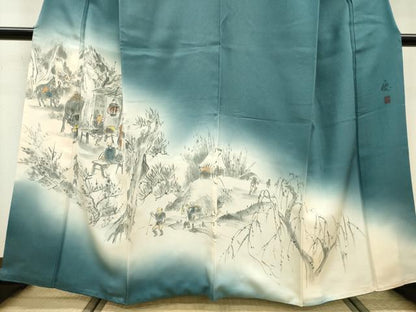 平和屋着物▼訪問着 作家物 手描き 人物風景文 暈し染 ラメ糸 正絹 逸品 DABB1593fe