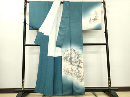 平和屋着物▼訪問着 作家物 手描き 人物風景文 暈し染 ラメ糸 正絹 逸品 DABB1593fe