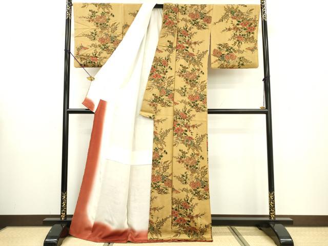 平和屋着物▼上質な小紋 手描き 花鳥文 鬼しぼ縮緬 ロング丈 正絹 逸品 DABB1619fe